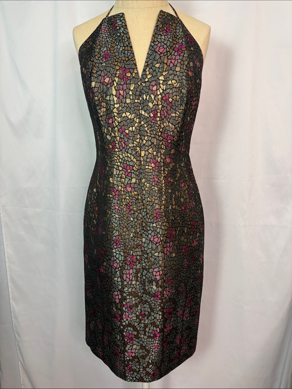 DAVID MEISTER Mosaic-Print Halter Dress in Black with Gold/Pink Accents Size 2
